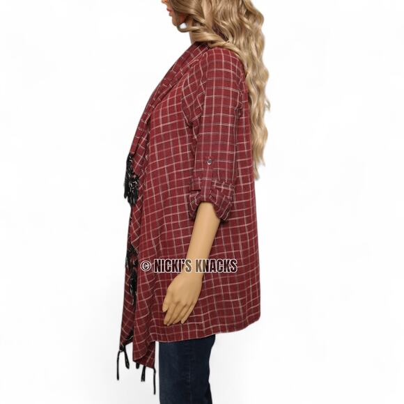 Entro Plaid Open Front Duster Cardigan Tassel Cotton Lightweight Layer Size M - Picture 3 of 8